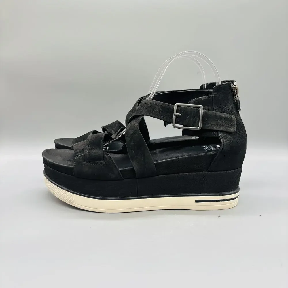 Eileen Fisher Sandals Womens 10 Black Leather Strappy Platform Wedge Zip Shoes